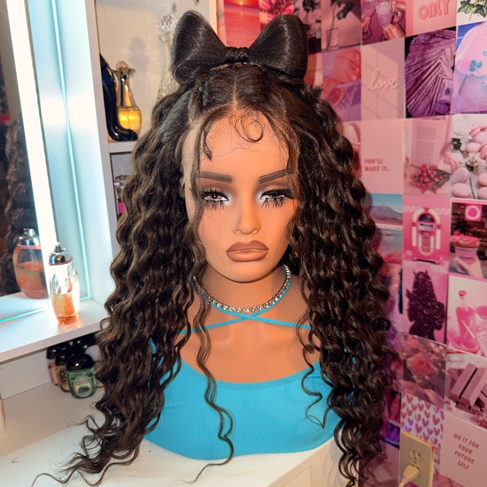 Luxury Dark Brown Curly Lace Front Wig – Removable Hair Bow – Long Soft Curls –